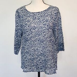 WHYCI Milano YC 3/4 Sleeve Top Blouse Blue White Swirl Cotton Silk Italy 40 4/S